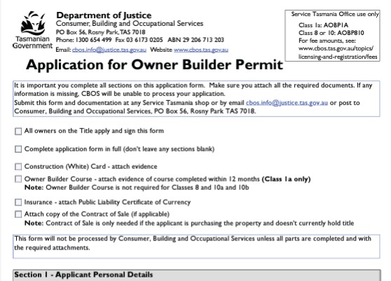 Owner Builder Tasmania Application
