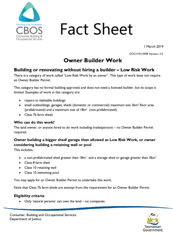 Owner Builder Tasmania Fact Sheet