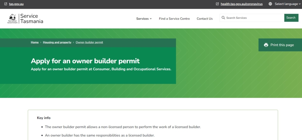 Owner Builder Tasmania Webpage